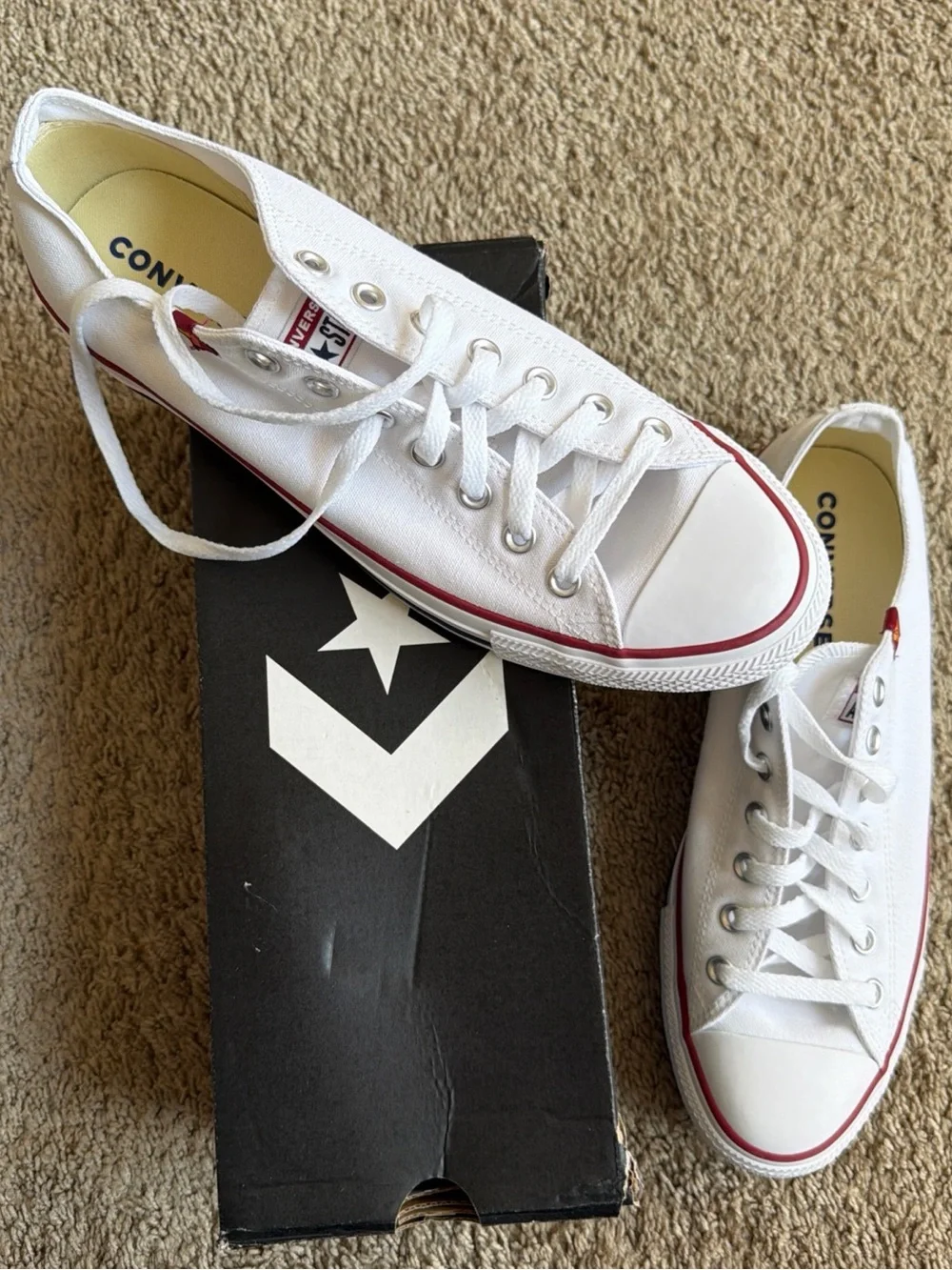 Converse White Low-Top Canvas Sneakers with Red Trim